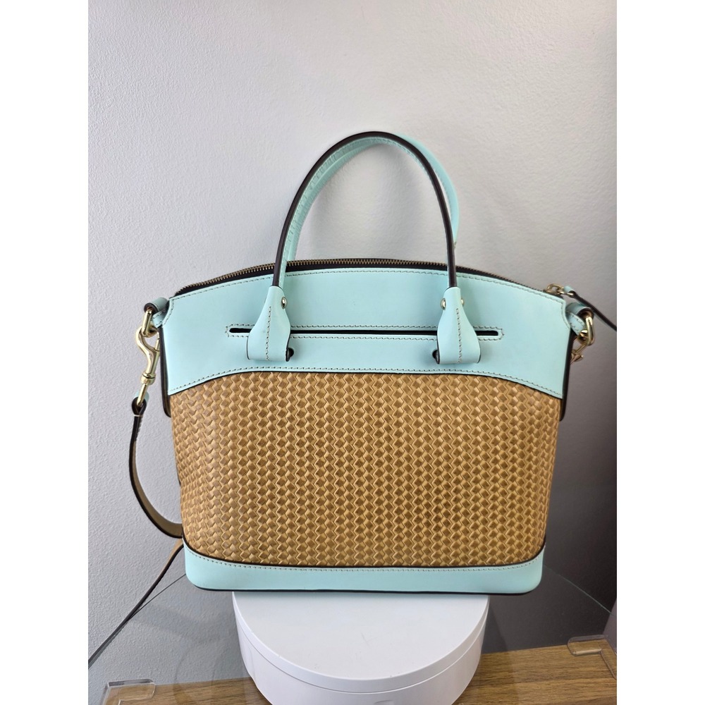 Dooney & Bourke Beacon Woven Domed Satchel Light Blue Tan Crossbody Handbag - Picture 2 of 12